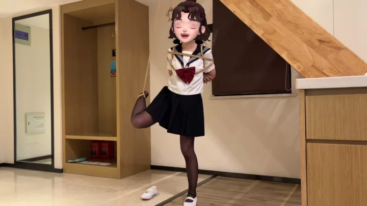 Screenshot 1 from Sailor suit, Shiny black silk, White belt, One-leg hanging and tied