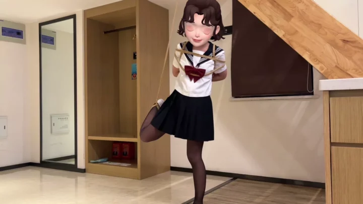 Screenshot 5 from Sailor suit, Shiny black silk, White belt, One-leg hanging and tied