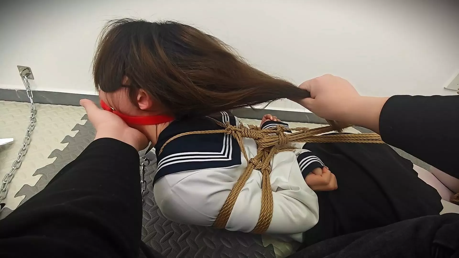 Screenshot 1 from Pepe JK white silk, tightly bound horse, airtight restraint, first experience with inflatable ball gag